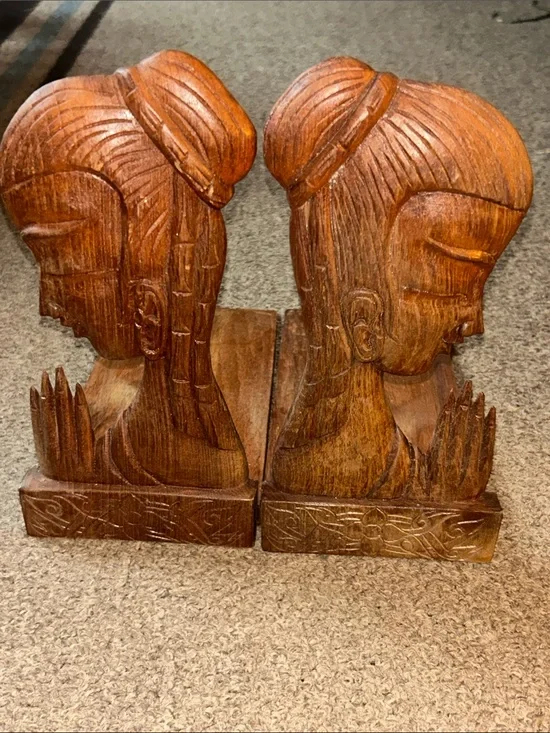 Vintage Hand Carved Wood Bookends - Brown