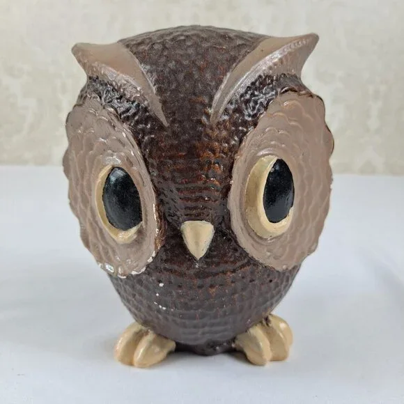Hand Painted Pottery Owl Brown Tan Large Eyes