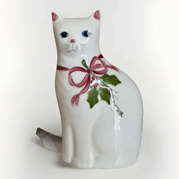 Vintage N.S. Gustin And Company 9x3” Cat Kitten Pink Floral Ceramic White