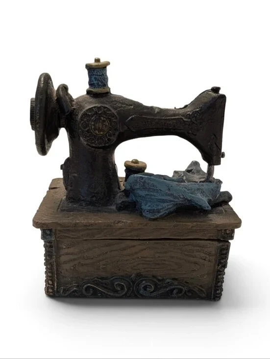 VINTAGE Sewing Machine Figurine Box Blue Brown Miniature