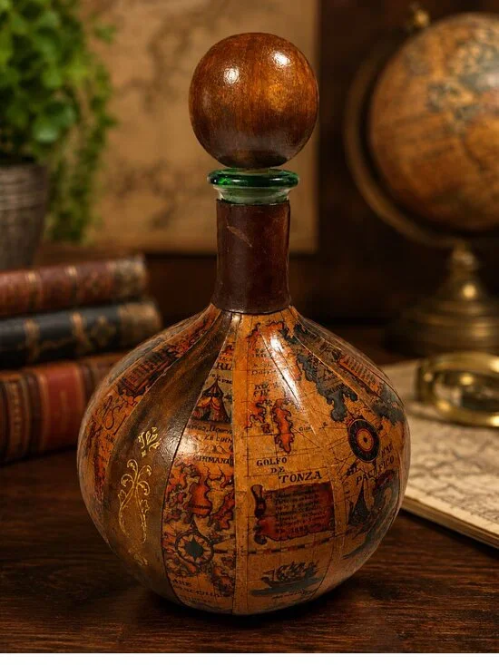 Vintage Italian Leather Wrapped Glass Decanter w/Old World Map