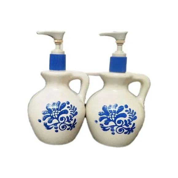 VTG AVON 1976 Cream/Blue Country Jug Lotion Soap Dispenser Bottle w/Pump Empty