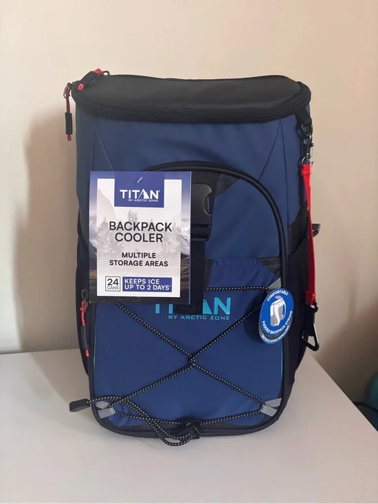 Titan Men’s Backpack Cooler in Blue with Red Accents