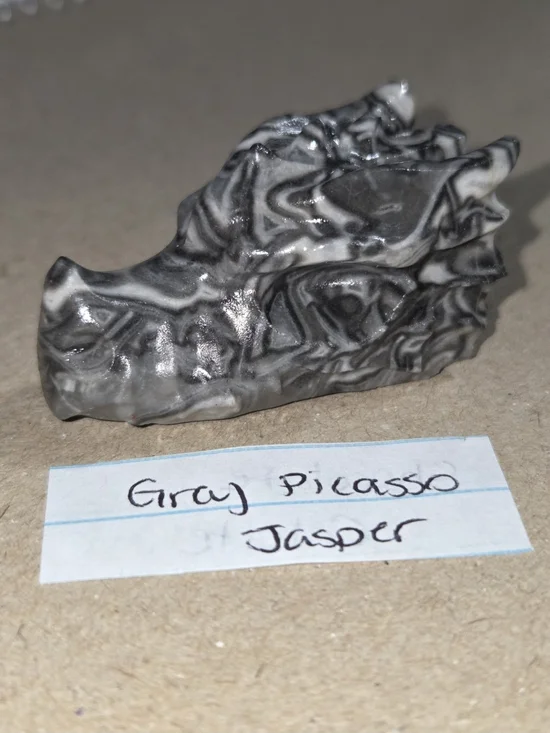 Detailed Picasso Jasper Crystal Carved Dragon Head Stone Sculpture Decor