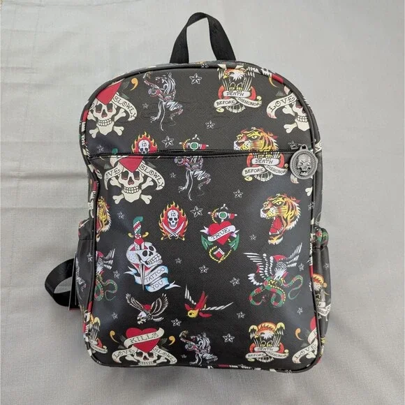 Ed Hardy All Over Tattoo Print Faux Leather Backpack NEW!
