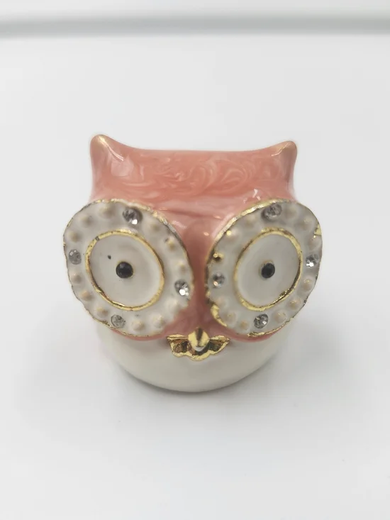 Pink Ceramic Owl Trinket Dish with Gold & Rhinestone Accents