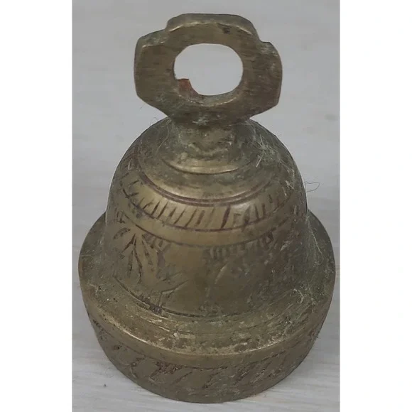 Vintage Etched Brass Bell Small Handcrafted Gold Red Accents 2 Inch‎ Decor