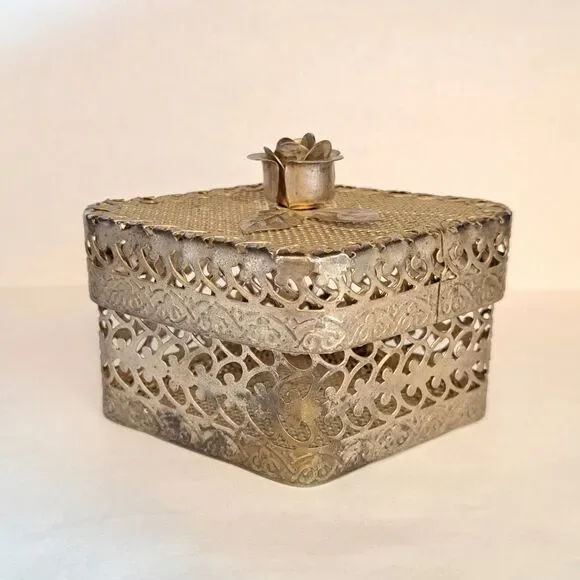 Vintage Metal Box Container Filigree Trinket with Lid and Rose on Top