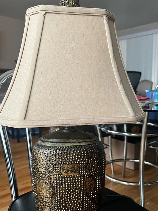 Beige Fabric Shade Table Lamp with Decorative Metal Base