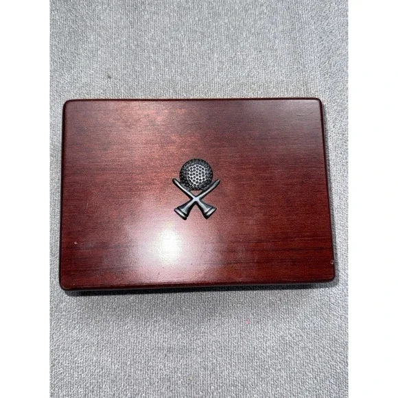 VTG Cherry Wood Box w/ Pewter Golf Ball & Tees Decor.