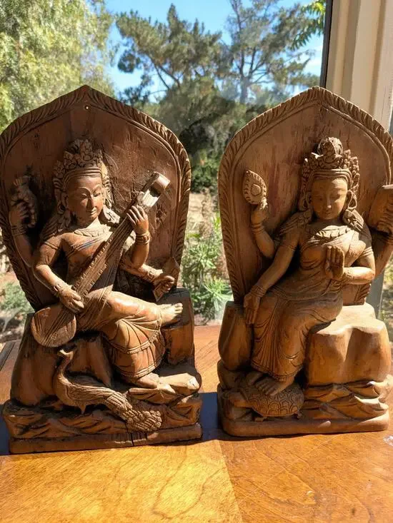Pair Vintage Hand-Carved Wood Indian Goddess - Saraswati & Gayatri - 12