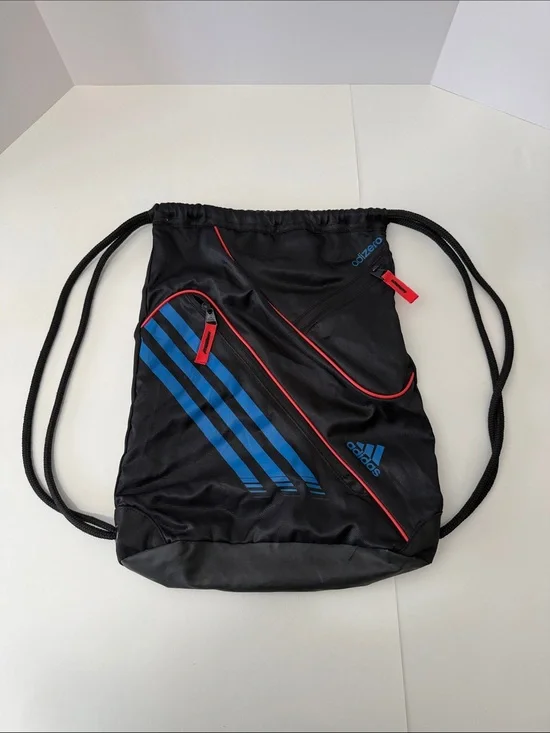 adidas Black Drawstring Backpack with Blue Stripes and Red Accents