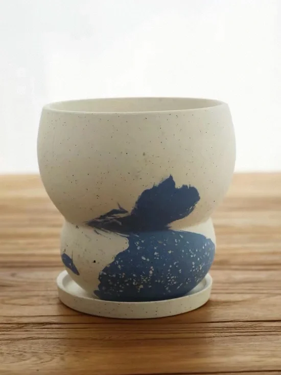 Plant Pot indoor speckled cream ceramic planter Pot + Saucer Set