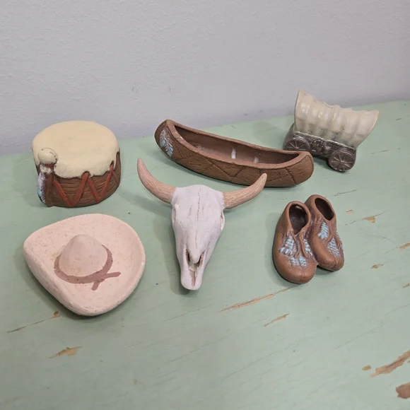 Ceramic Southwestern Miniatures DecorHat, Moccasins, Canoe, Drum, Wagon, Skull