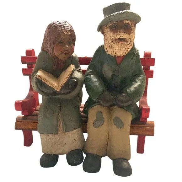 Vintage Folk Art Elderly Couple Reading on Park Bench Figurine 7.5