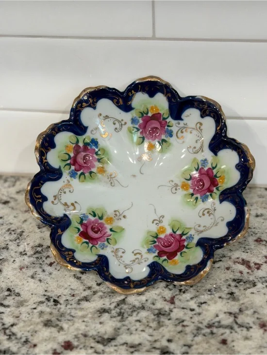 Nippon Hand-Painted Floral Scalloped Porcelain Bowl - Pink Roses & Cobalt Rim