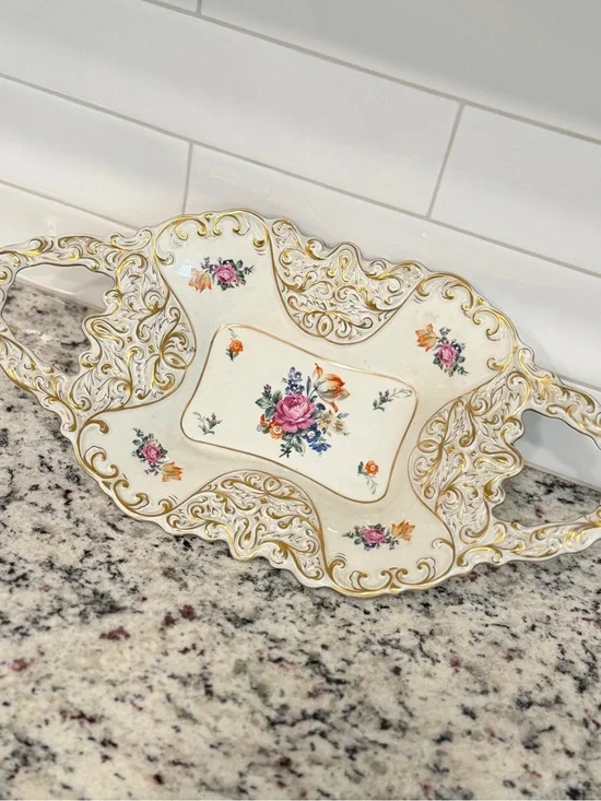 Antique JLMENAU German Floral Porcelain Serving Tray in Cream and Enameled Gold