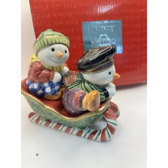 Fitz and Floyd Snow Guys Salt and Pepper Shaker in box one chip holiday xmas