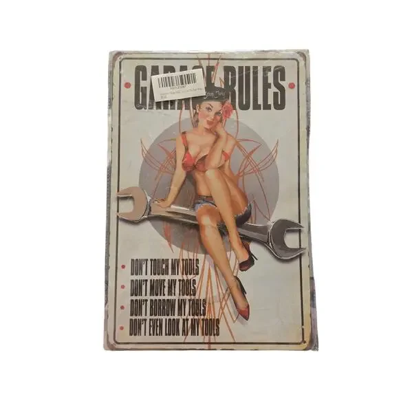 Garage Rules Pin-Up Girl Metal Tin Sign 12x8 Vintage Garage Wall Decor