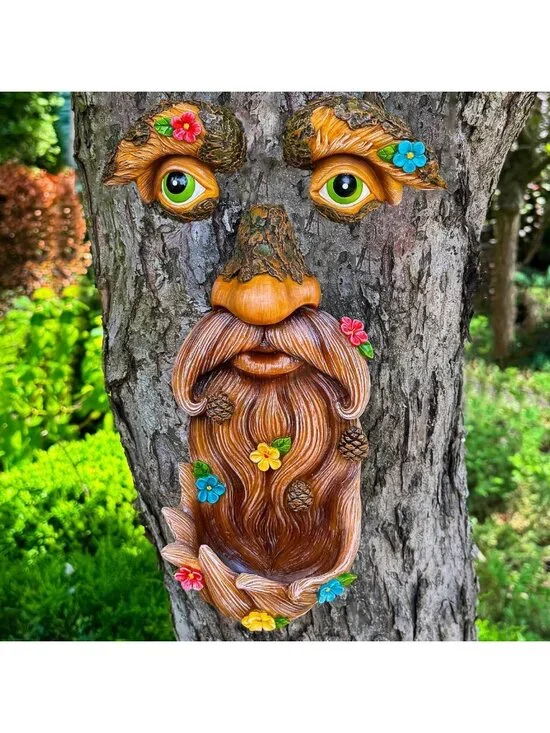 Whimsical Tree Face Decor with Flowers - Outdoor Garden Hugger Statue Art