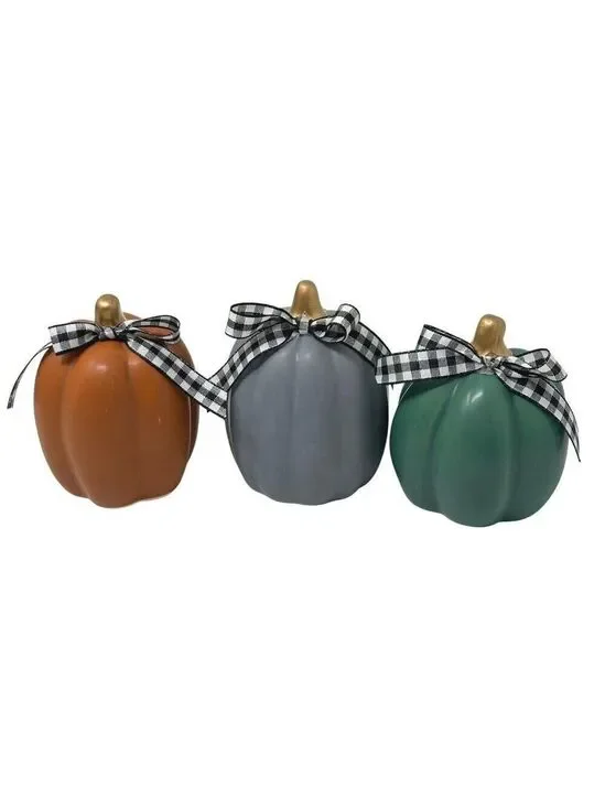 Mini Ceramic Pumpkins Set of 3 Green Gray Orange Hand Tied Bow Fall Decor Autumn