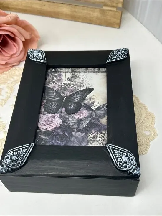 Elegant Black Decorative Butterfly Sliding Trinket Box with Silver Accents