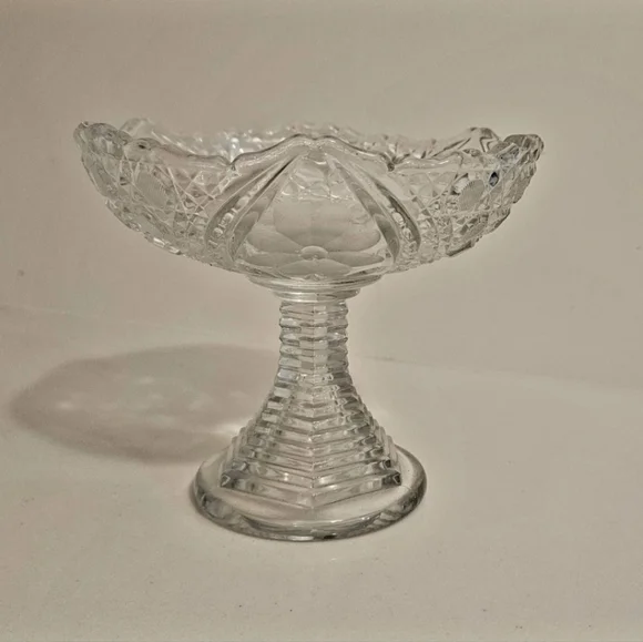 Vintage Pressed/Cut Glass Pedestal Footed Candy Dish Floral