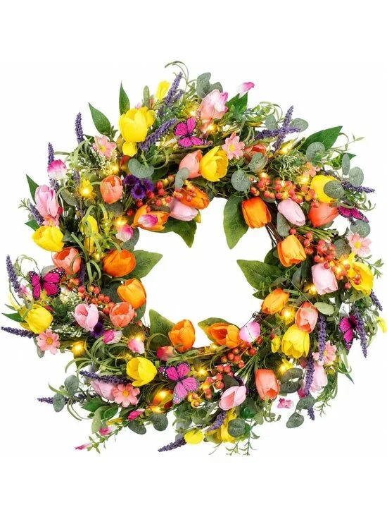 24-Inch Spring Tulip Wreath with Lights & Butterflies for Indoor/Outdoor Decor