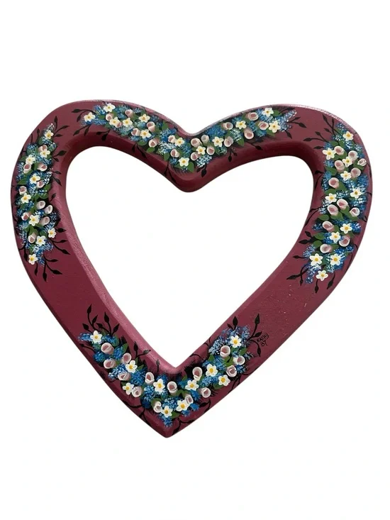 Vintage Maroon‎ Heart Shaped Decoration With White flowers Wooden hand painted