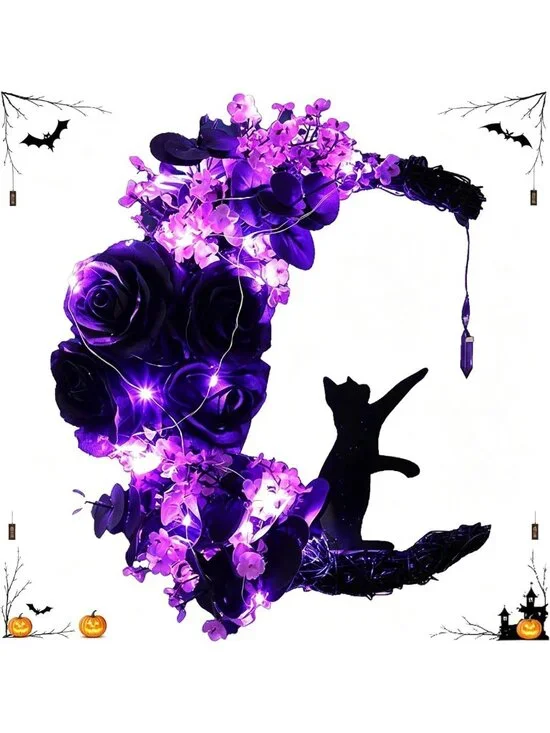 Lighted Halloween Wreath with Cat & Moon | 12