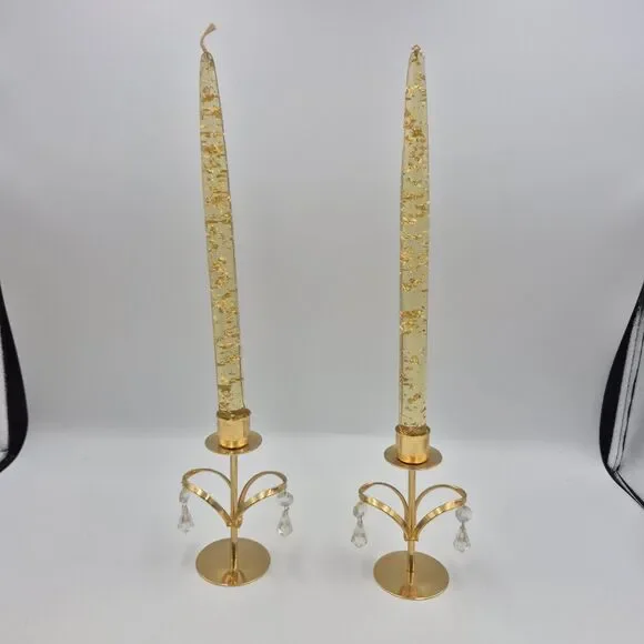 Lucite Candles clear Gold Flecks & Lycenta Gold Tone Holders Vintage