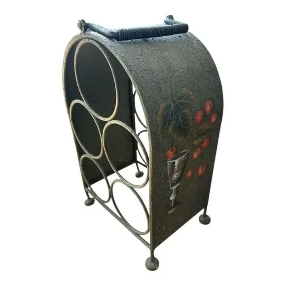 Vintage Shabby Chic 5‑Bottle Wine Rack Hand‑Painted Fruit & Glass Motif Cottage