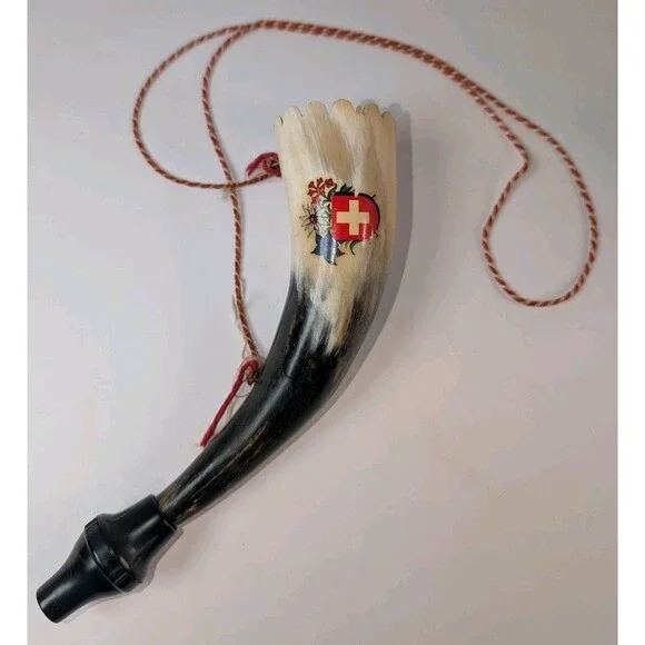 Vintage Swiss Souvenir Drinking Horn Cow Horn w/ Red Cross Alpine Decor