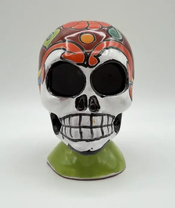 Talavera Mexican Pottery Day of the Dead Skull Figurine 5” Hand Painted Mexico