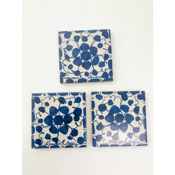 italian tiles set of 3 blue and white 4 inch squares collectible‎ signed