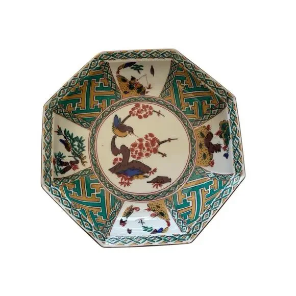 Kutani Ware Fuki Octagonal Dish Bowl Japanese Porcelain Vintage Bird Signed
