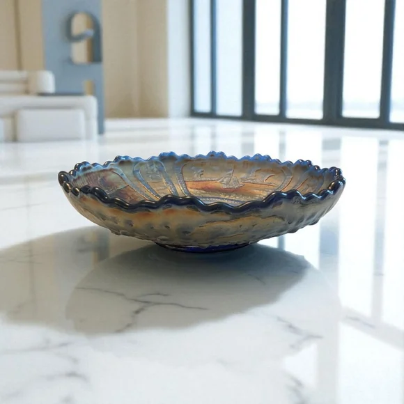 VINTAGE Fenton Glass Bowl Cobalt Blue Luminescent Gold Sailboat 6