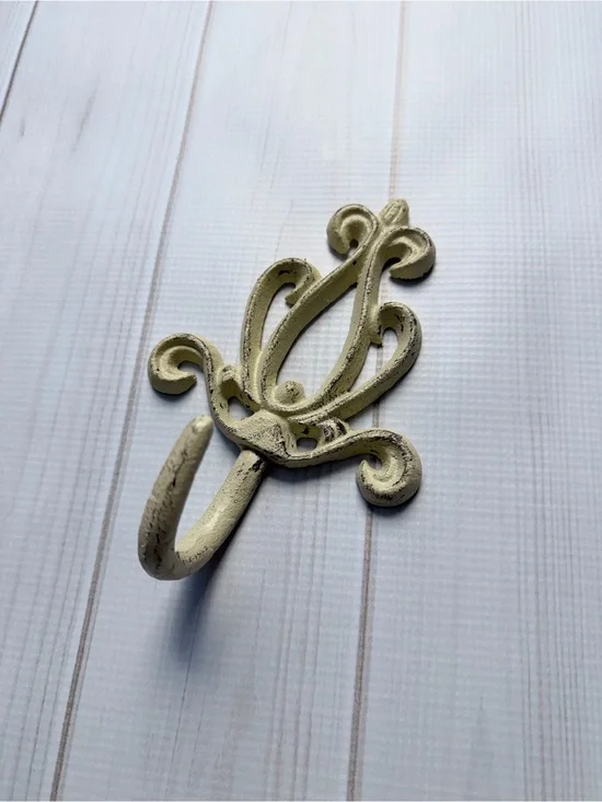 Distressed Cream Cast Iron Scroll Wall Hook French Country Shabby Chic