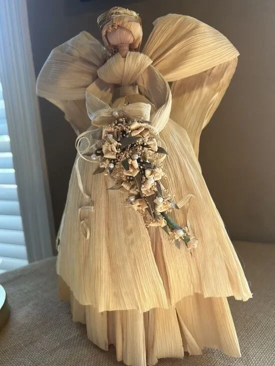 Large Corn Husk Angel with Floral Bouquet--Wedding?--American Folk Art