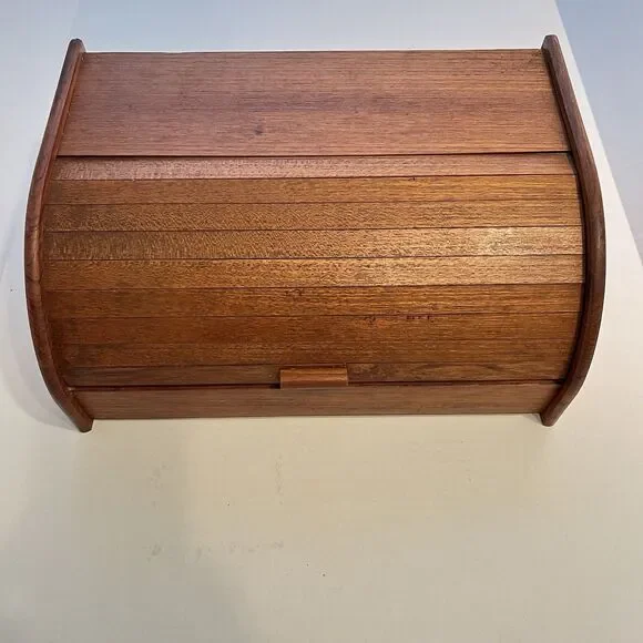 Vintage MCM Teak Tambour Wooden Roll Top Bread Box Baker Heart Stuart