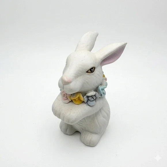 Vintage GOT Ceramic White Rabbit Figurine Flower Garland Collar‎ Easter Decor 4