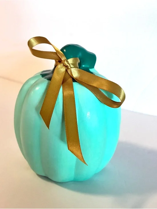 Turquoise Decorative Pumpkin with Gold Ribbon