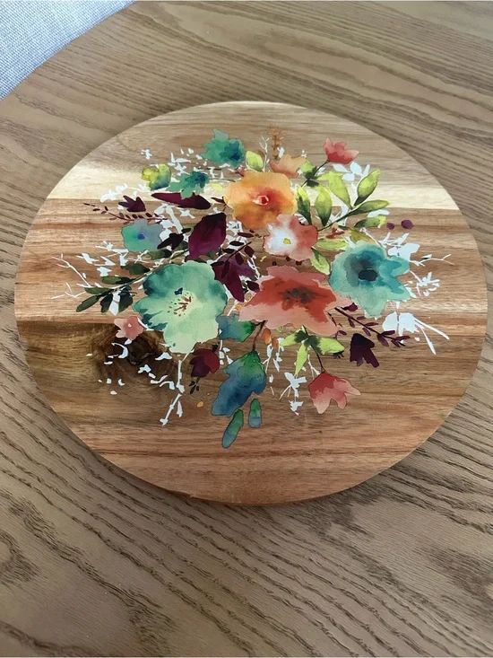 The Pioneer Woman Floral Wooden Round Board - Teal, Orange, Green, Coral 12”