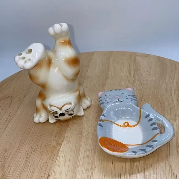 Lot of 2 Whimsical Ceramic Kitties 1 Tumbling Figurine and 1 Trinket Dish