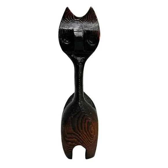 Unique vintage carved wood cat figurine 1970's dark brown textured wood grain