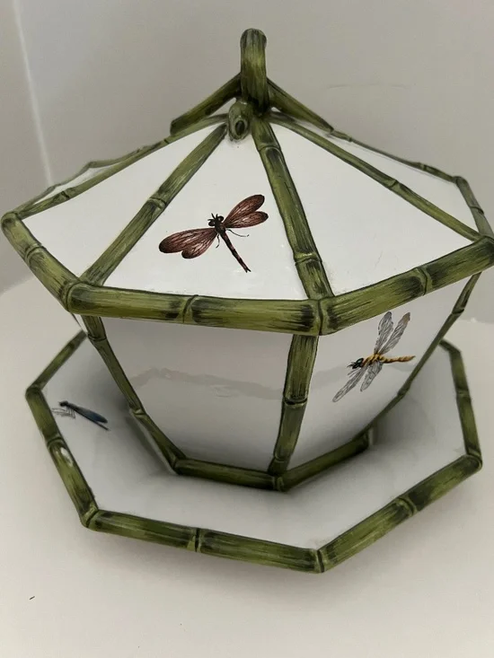 Italian Vintage 1970’s Costa Bamboo and Dragonfly Bowl with Lid and Base Plate
