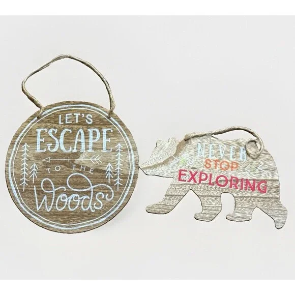 Rustic Woodland Hanging Sign Set Bear & “Let’s Escape to the Woods” Cabin Decor