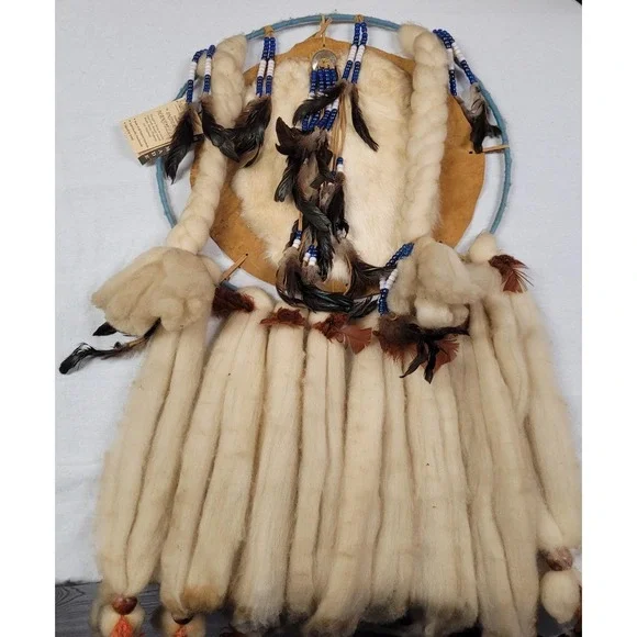 VTG Moon Raven Native American Style Mandala or Dream Catcher Wool Beads Leather