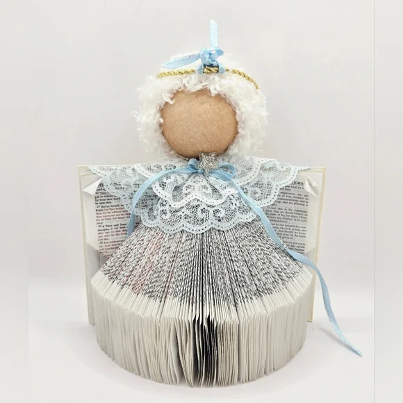 Handmade Folded Book Angel Decor | KJV Bible Art | Lace & Ribbon Guardian Angel