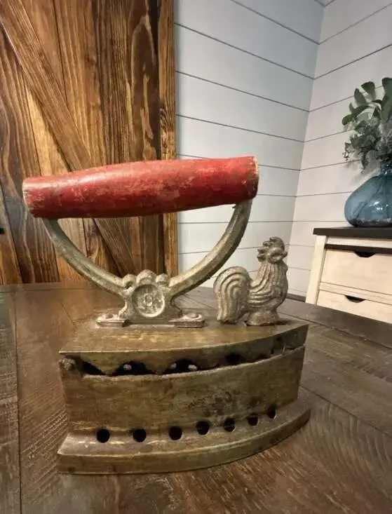 Vintage Charcoal Sad Iron with Rooster Finial and Red Wooden Handle